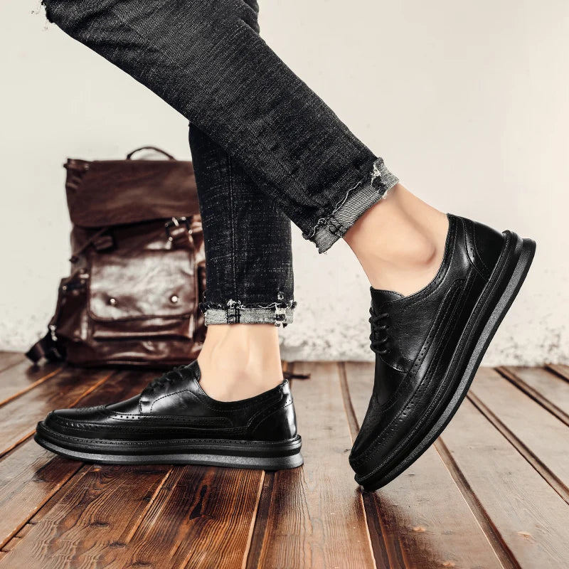 Fashion Derby Leather Men Shoes White Brogue Lace Up Solid Simple Dress Business Casual Party Wedding Flat Shoes For Man
