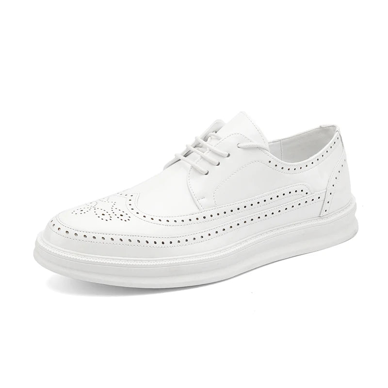 Fashion Derby Leather Men Shoes White Brogue Lace Up Solid Simple Dress Business Casual Party Wedding Flat Shoes For Man