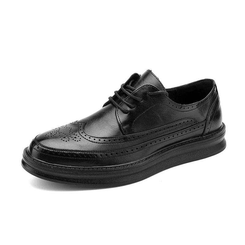 Fashion Derby Leather Men Shoes White Brogue Lace Up Solid Simple Dress Business Casual Party Wedding Flat Shoes For Man