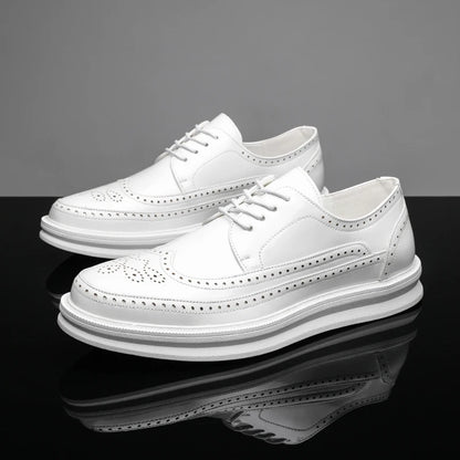 Fashion Derby Leather Men Shoes White Brogue Lace Up Solid Simple Dress Business Casual Party Wedding Flat Shoes For Man
