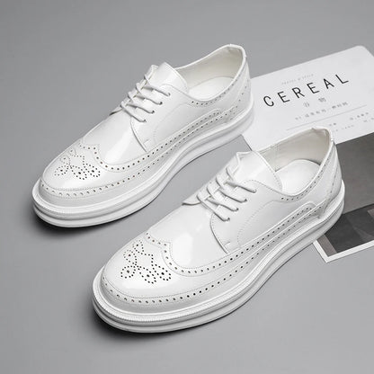 Fashion Derby Leather Men Shoes White Brogue Lace Up Solid Simple Dress Business Casual Party Wedding Flat Shoes For Man