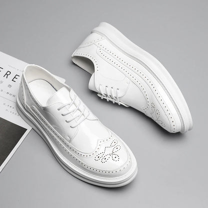 Fashion Derby Leather Men Shoes White Brogue Lace Up Solid Simple Dress Business Casual Party Wedding Flat Shoes For Man